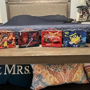 Tin Character Lunchboxes set of 4 SpongeBob Cars Spider-Man Bakugan